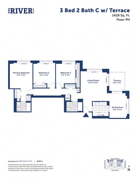 Floor plan for 3 beds, 2 baths, 1429 sqft